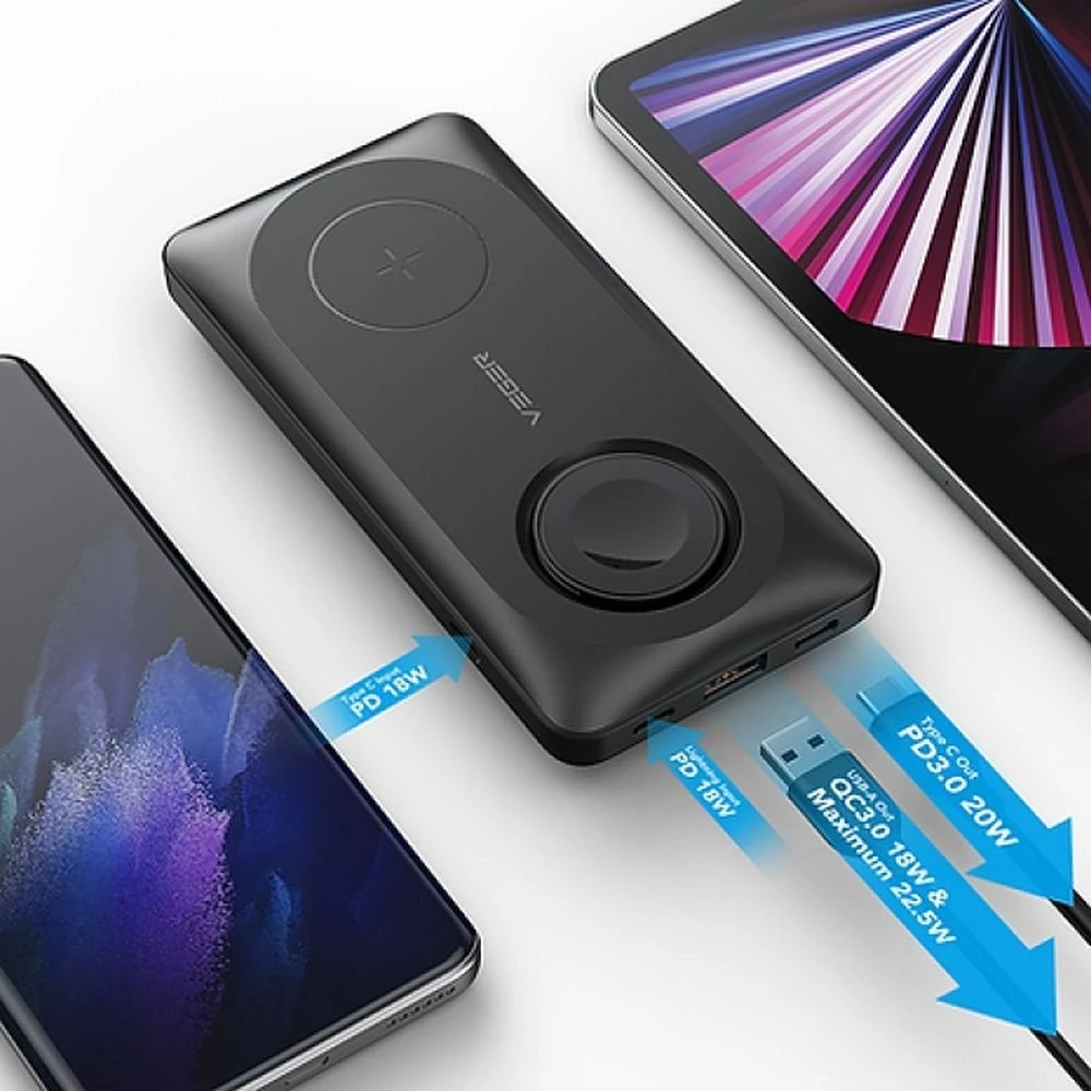 Nešiojamoji baterija, suderinama su „Magsafe Veger MagMulti“ (W1156) PD QC3.0 3A 22,5W 10000 mAh, su belaidžiu įkrovimu, juoda