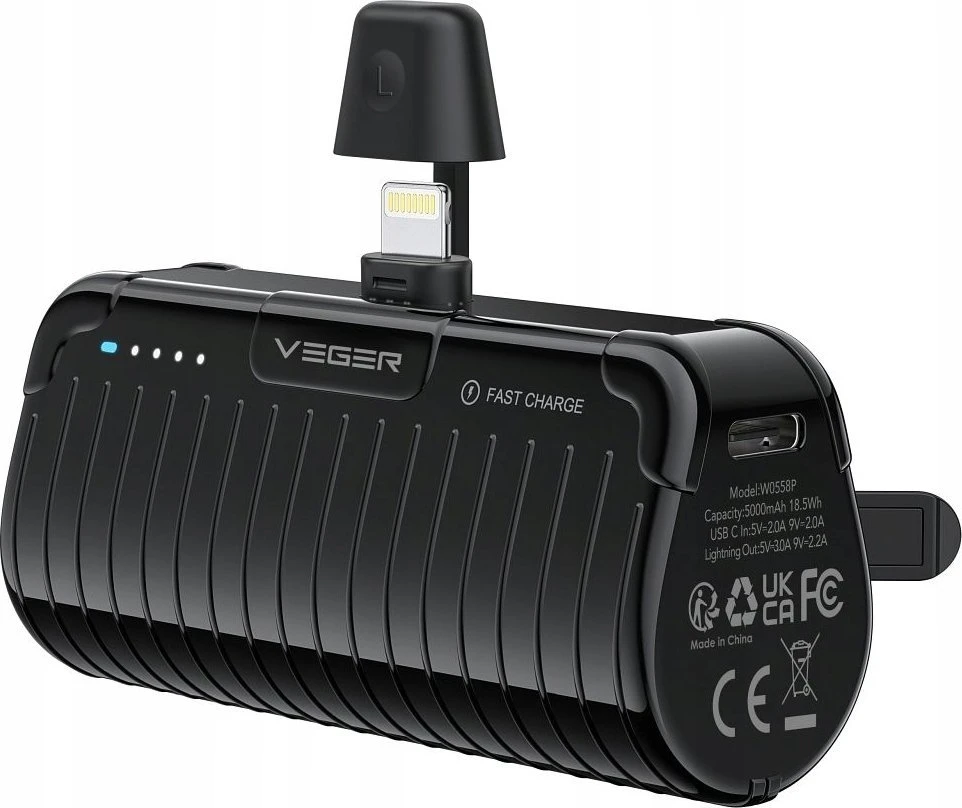 Nešiojamoji baterija Veger PlugOn (W0558P) PD QC3.0 2,4A 20W 5000 mAh su integruota jungtimi Lightning juodas