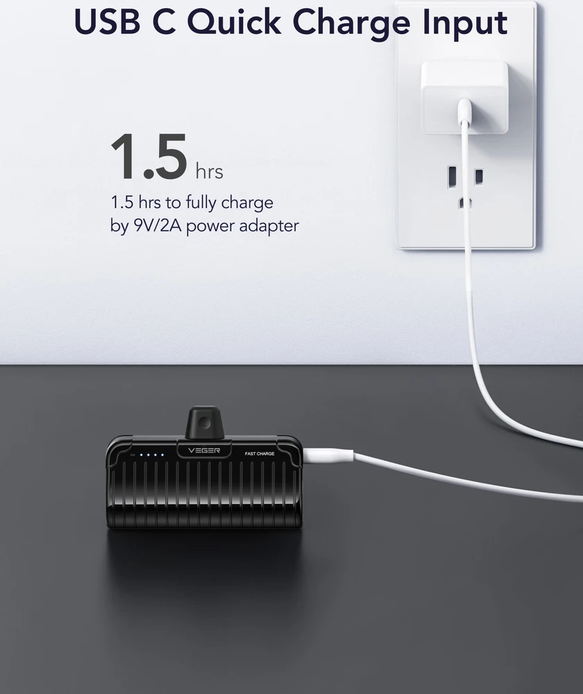 Nešiojamoji baterija Veger PlugOn (W0558P) PD QC3.0 2,4A 20W 5000 mAh su integruota jungtimi Lightning juodas
