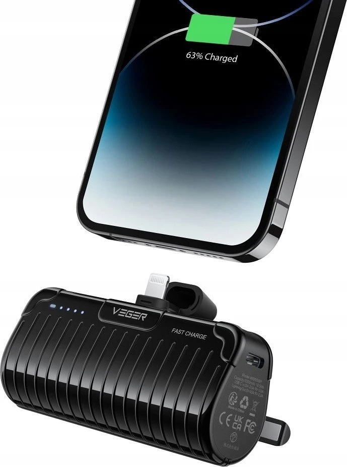 Nešiojamoji baterija Veger PlugOn (W0558P) PD QC3.0 2,4A 20W 5000 mAh su integruota jungtimi Lightning juodas