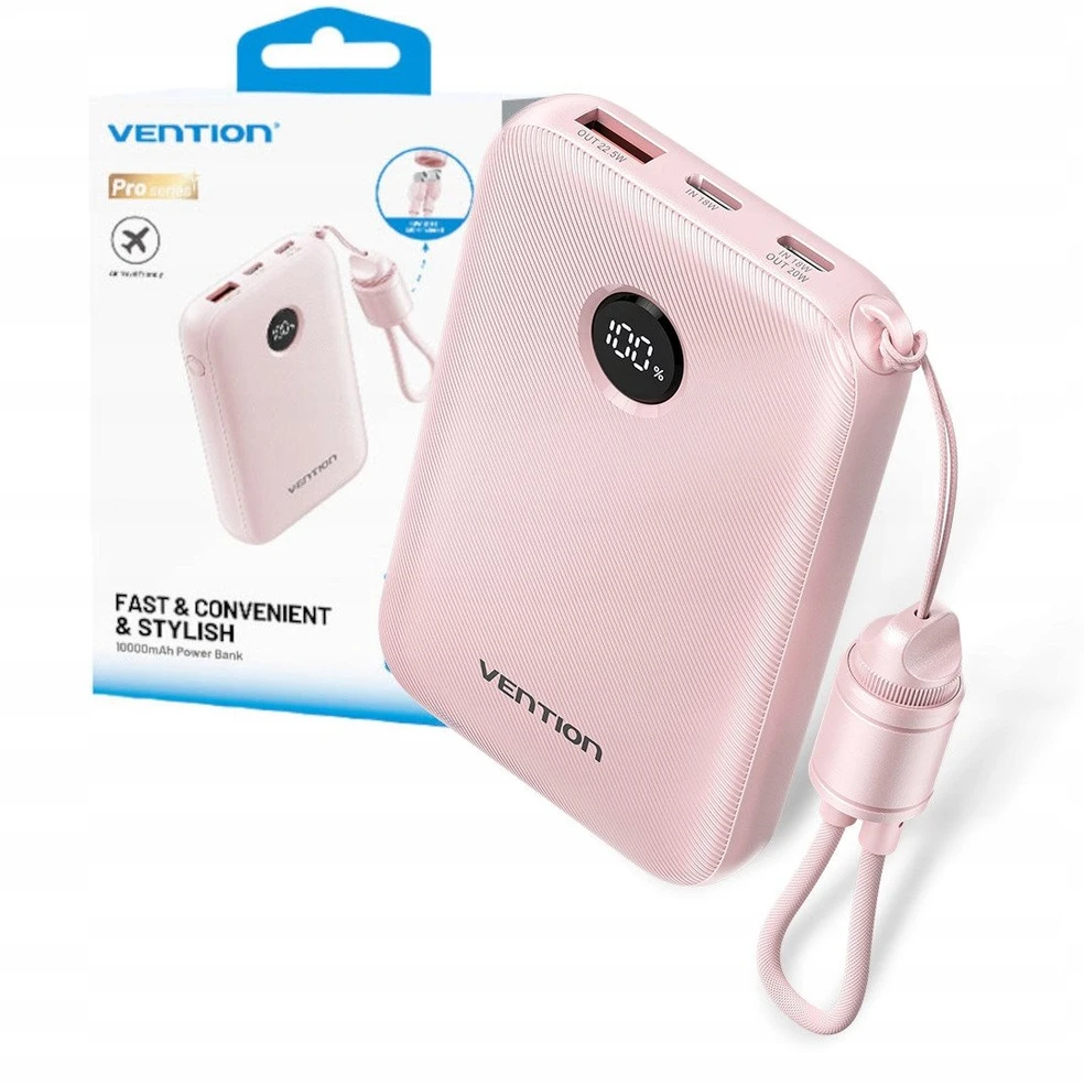 „Vention“ 10000mAh išorinė baterija, 2xUSB-C, 1xUSB-A, 22,5 W, rožinė