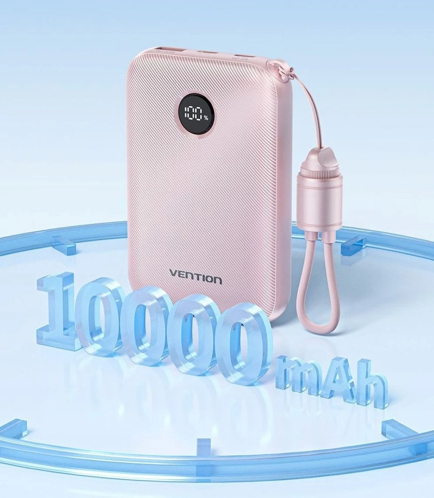 „Vention“ 10000mAh išorinė baterija, 2xUSB-C, 1xUSB-A, 22,5 W, rožinė