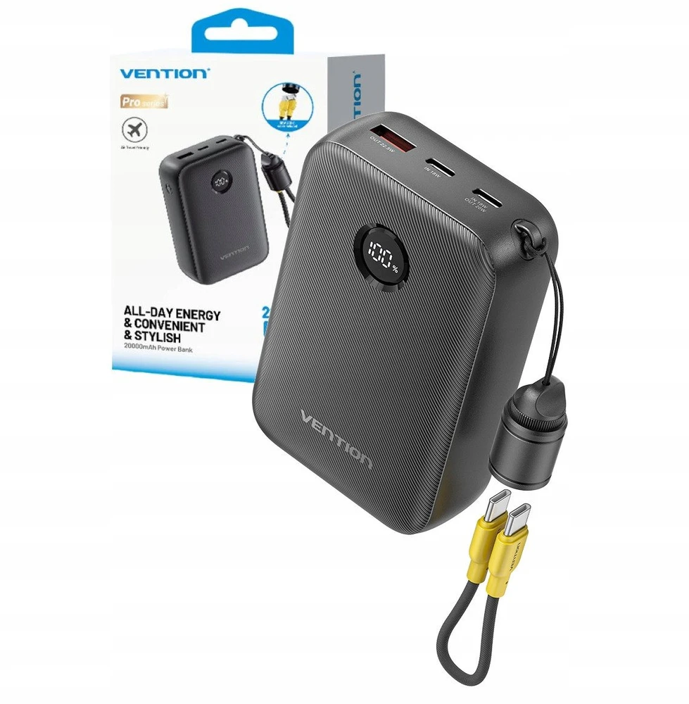 Nešiojamoji baterija „Vention“ 20000mAh, 2xUSB-C, 1xUSB-A, 22,5W, juoda