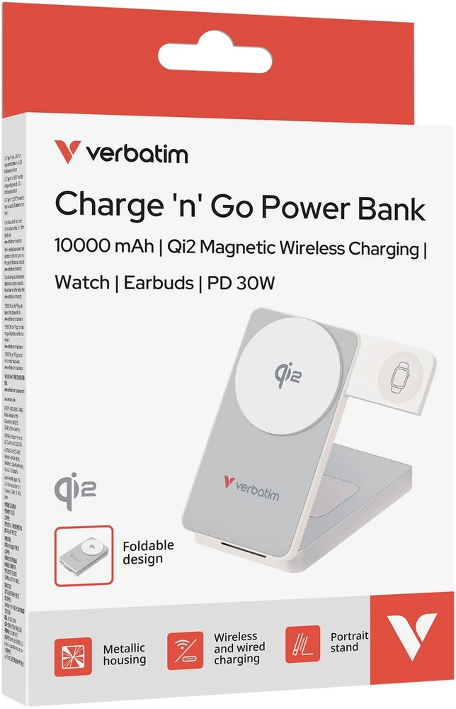 „Verbatim Charge ‘n’ Go Qi2 3-in-1“ magnetinė belaidė išorinė baterija, 10000 mAh, USB-C, Baltas