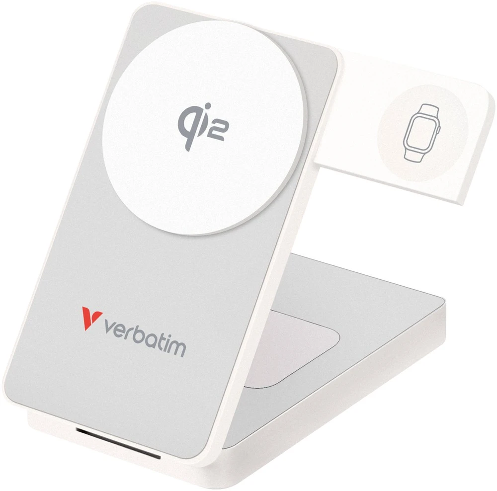 „Verbatim Charge ‘n’ Go Qi2 3-in-1“ magnetinė belaidė išorinė baterija, 10000 mAh, USB-C, Baltas