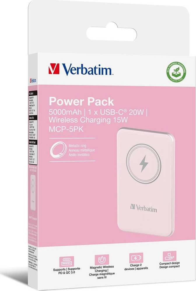 „Verbatim“ belaidis magnetinis išorinis akumuliatorius „n' Go“, 15 W, 5000 mAh, rožinis, 32243