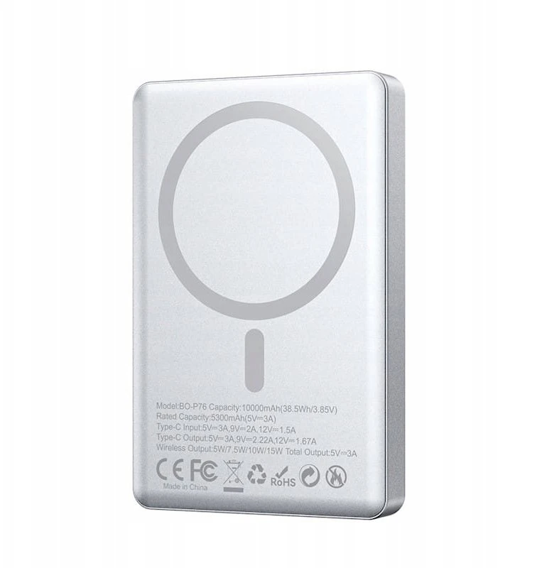 Powerbank Wekome BWOO power bank magnetyczny P76 PD 20W 10000 mAh ultra cienki w aluminiowej obudowie su wyświetlaczem i portem USB-C sidabrinė