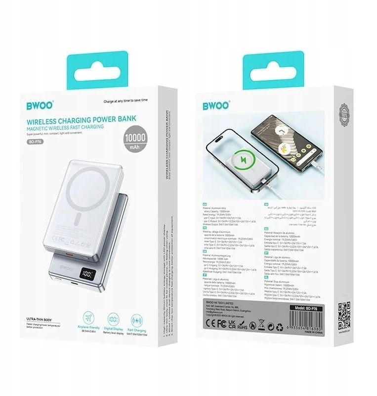 Powerbank Wekome BWOO power bank magnetyczny P76 PD 20W 10000 mAh ultra cienki w aluminiowej obudowie su wyświetlaczem i portem USB-C sidabrinė