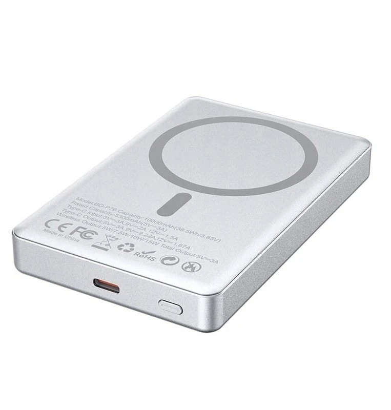 Powerbank Wekome BWOO power bank magnetyczny P76 PD 20W 10000 mAh ultra cienki w aluminiowej obudowie su wyświetlaczem i portem USB-C sidabrinė