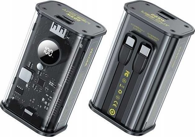 „WEKOME WP-345 Vanguard“ serijos – 10000 mAh įkroviklis su greitu įkrovimu, integruotu USB-C ir „Lightning PD 20W“ laidu + QC 22,5 W juodos spalvos