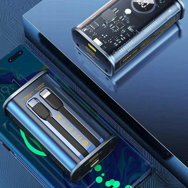 „WEKOME WP-345 Vanguard“ serijos – 10000 mAh įkroviklis su greitu įkrovimu, integruotu USB-C ir „Lightning PD 20W“ laidu + QC 22,5 W juodos spalvos