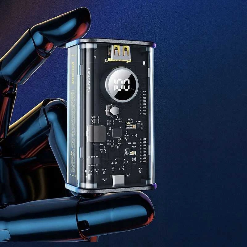 „WEKOME WP-345 Vanguard“ serijos – 10000 mAh įkroviklis su greitu įkrovimu, integruotu USB-C ir „Lightning PD 20W“ laidu + QC 22,5 W juodos spalvos