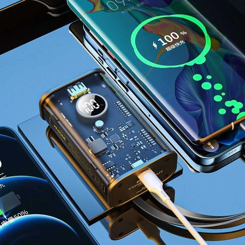 „WEKOME WP-345 Vanguard“ serijos – 10000 mAh įkroviklis su greitu įkrovimu, integruotu USB-C ir „Lightning PD 20W“ laidu + QC 22,5 W juodos spalvos