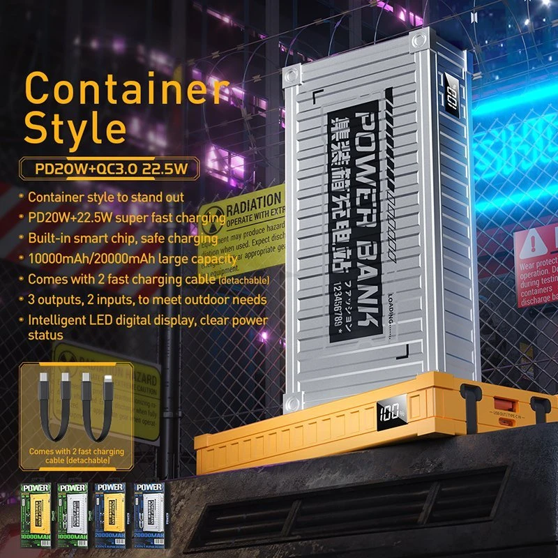 „WEKOME WP-339 Container“ serija – 10000 mAh išorinė baterija su itin greitu įkrovimu ir integruotu USB-C bei „Lightning PD 20W“ laidu + QC 22,5 W (Sidabrinis)