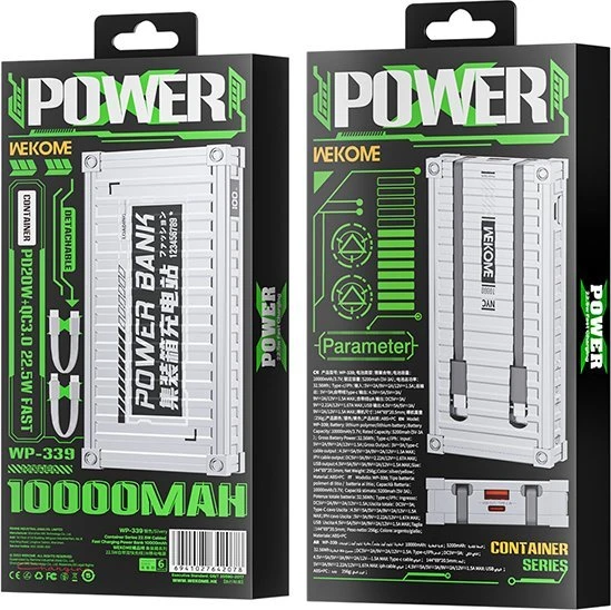 „WEKOME WP-339 Container“ serija – 10000 mAh išorinė baterija su itin greitu įkrovimu ir integruotu USB-C bei „Lightning PD 20W“ laidu + QC 22,5 W (Sidabrinis)