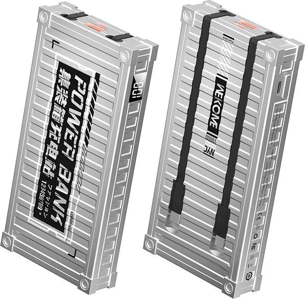 „WEKOME WP-339 Container“ serija – 10000 mAh išorinė baterija su itin greitu įkrovimu ir integruotu USB-C bei „Lightning PD 20W“ laidu + QC 22,5 W (Sidabrinis)