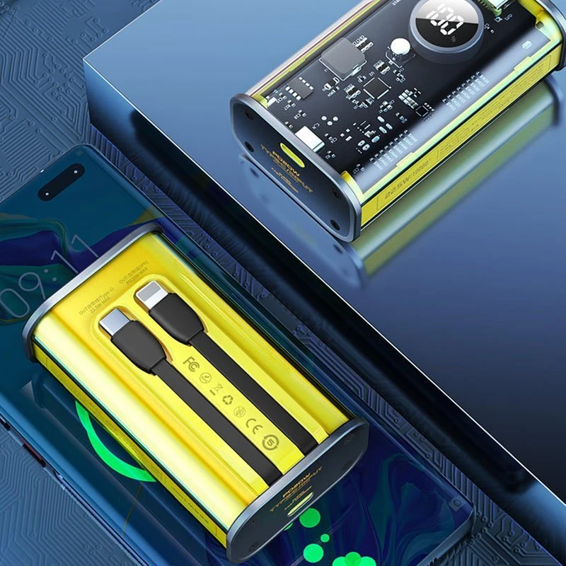 „WEKOME WP-345 Vanguard“ serijos – 10000 mAh įkroviklis su greitu įkrovimu, integruotu USB-C ir „Lightning PD 20W“ laidu + QC 22,5 W Geltona