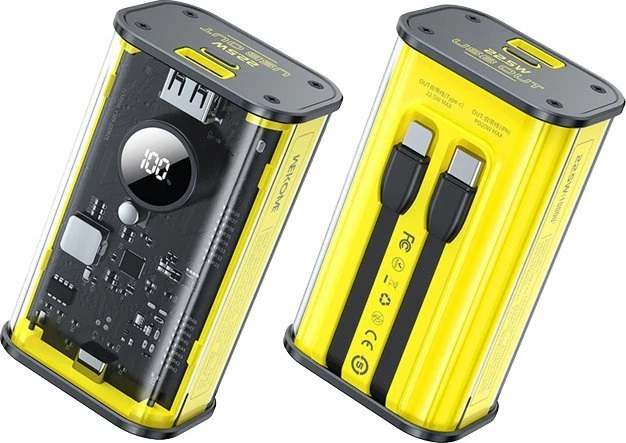 „WEKOME WP-345 Vanguard“ serijos – 10000 mAh įkroviklis su greitu įkrovimu, integruotu USB-C ir „Lightning PD 20W“ laidu + QC 22,5 W Geltona