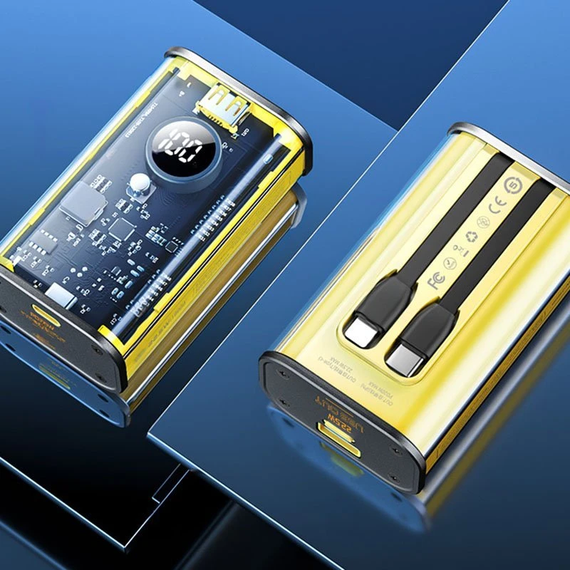„WEKOME WP-345 Vanguard“ serijos – 10000 mAh įkroviklis su greitu įkrovimu, integruotu USB-C ir „Lightning PD 20W“ laidu + QC 22,5 W Geltona