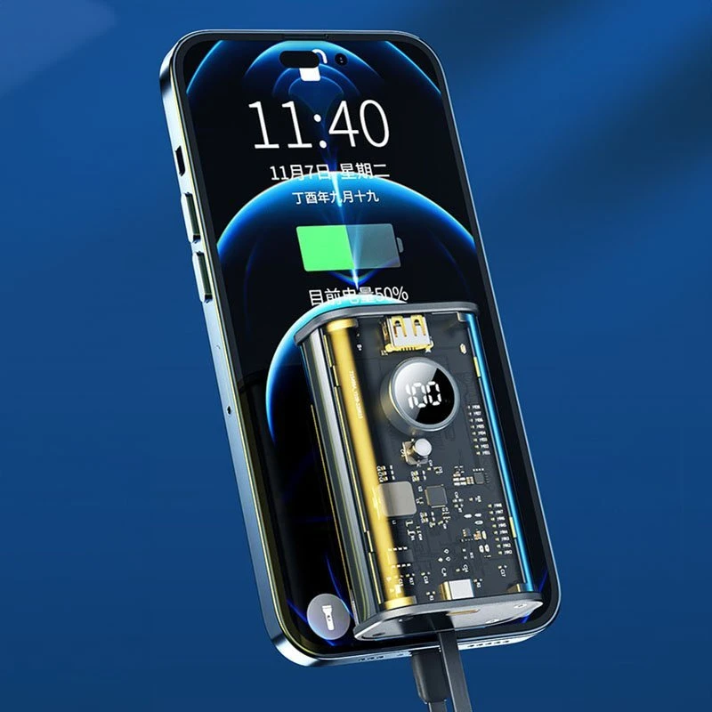 „WEKOME WP-345 Vanguard“ serijos – 10000 mAh įkroviklis su greitu įkrovimu, integruotu USB-C ir „Lightning PD 20W“ laidu + QC 22,5 W Geltona