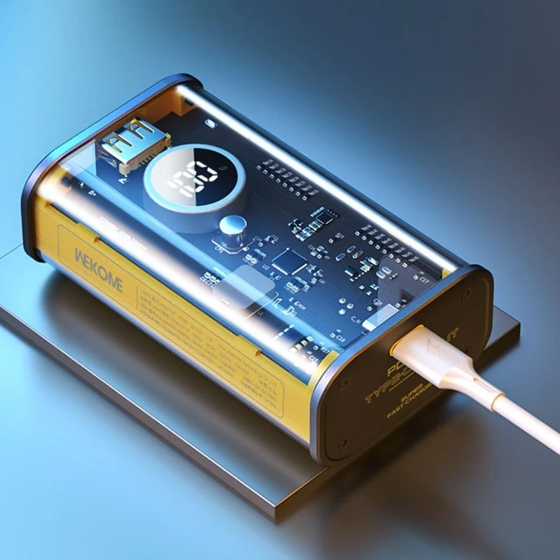 „WEKOME WP-345 Vanguard“ serijos – 10000 mAh įkroviklis su greitu įkrovimu, integruotu USB-C ir „Lightning PD 20W“ laidu + QC 22,5 W Geltona