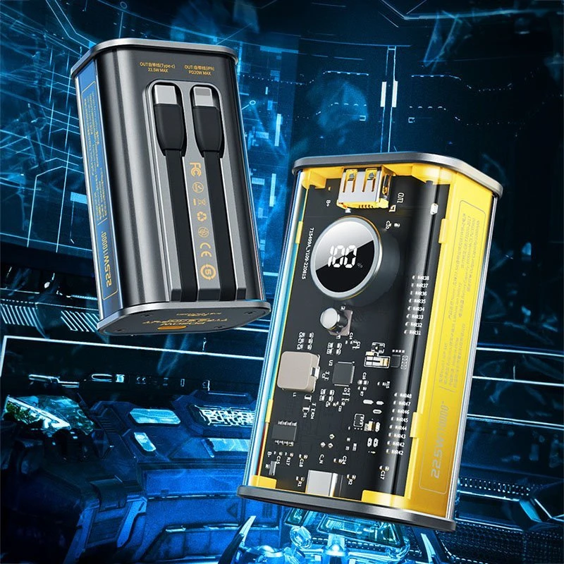 „WEKOME WP-345 Vanguard“ serijos – 10000 mAh įkroviklis su greitu įkrovimu, integruotu USB-C ir „Lightning PD 20W“ laidu + QC 22,5 W Geltona