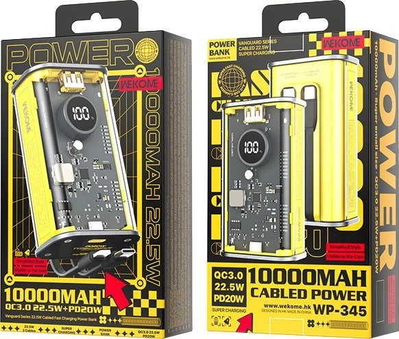 „WEKOME WP-345 Vanguard“ serijos – 10000 mAh įkroviklis su greitu įkrovimu, integruotu USB-C ir „Lightning PD 20W“ laidu + QC 22,5 W Geltona