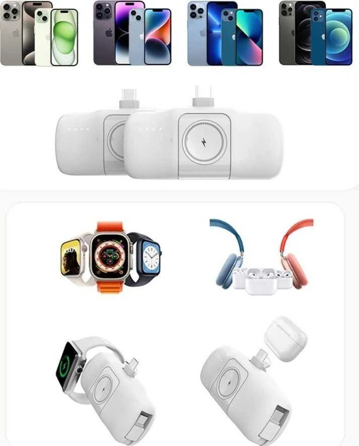 Wozinsky WF16-YCS 5000mAh 15W USB-C mini išorinė baterija su įmontuotu USB-C kabeliu ir „Apple Watch“ įkrovikliu – baltos spalvos