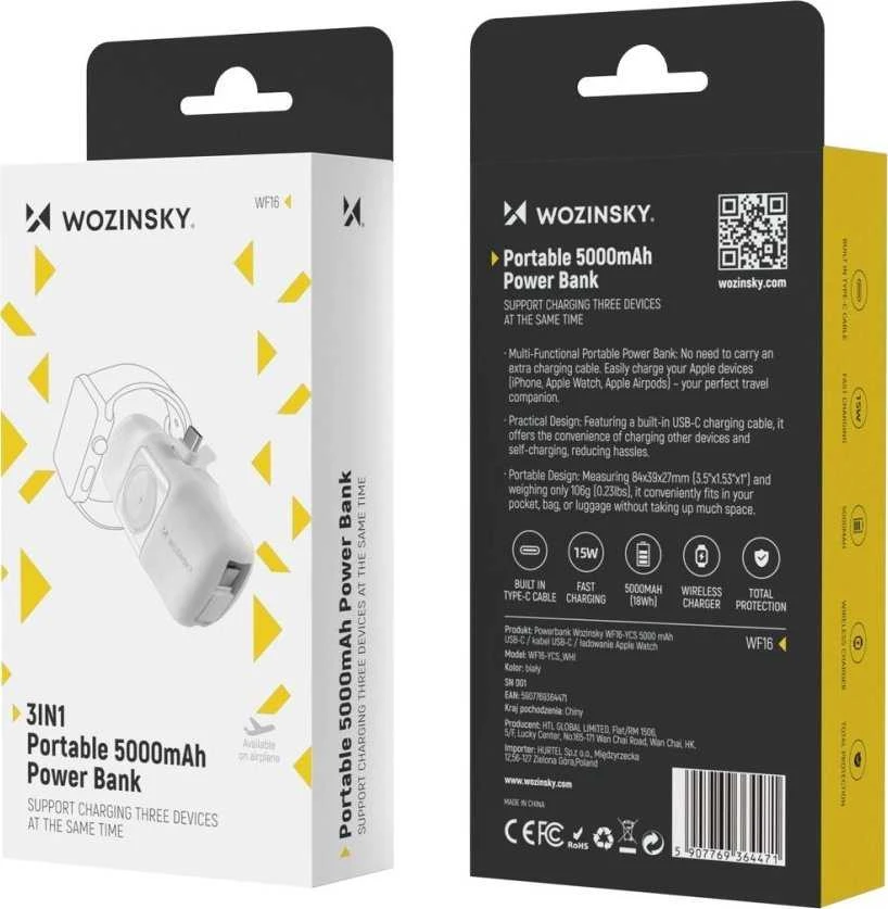 Wozinsky WF16-YCS 5000mAh 15W USB-C mini išorinė baterija su įmontuotu USB-C kabeliu ir „Apple Watch“ įkrovikliu – baltos spalvos
