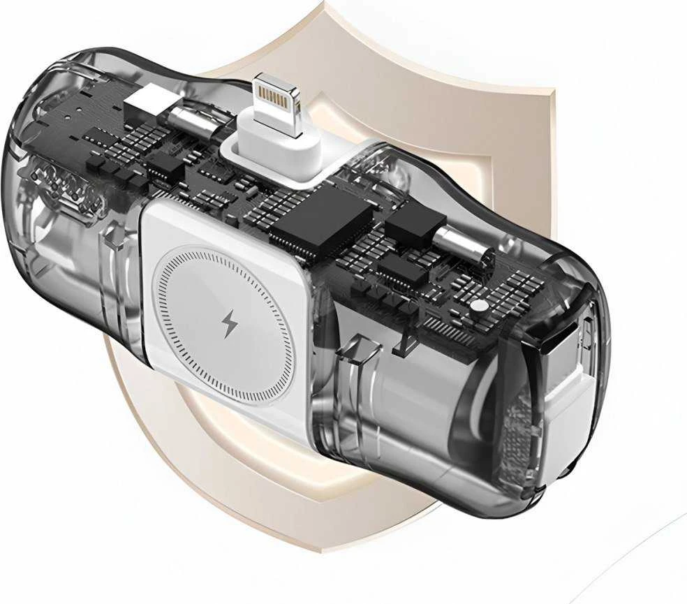 Wozinsky WF16-YCS 5000mAh 15W USB-C mini išorinė baterija su įmontuotu USB-C kabeliu ir „Apple Watch“ įkrovikliu – baltos spalvos