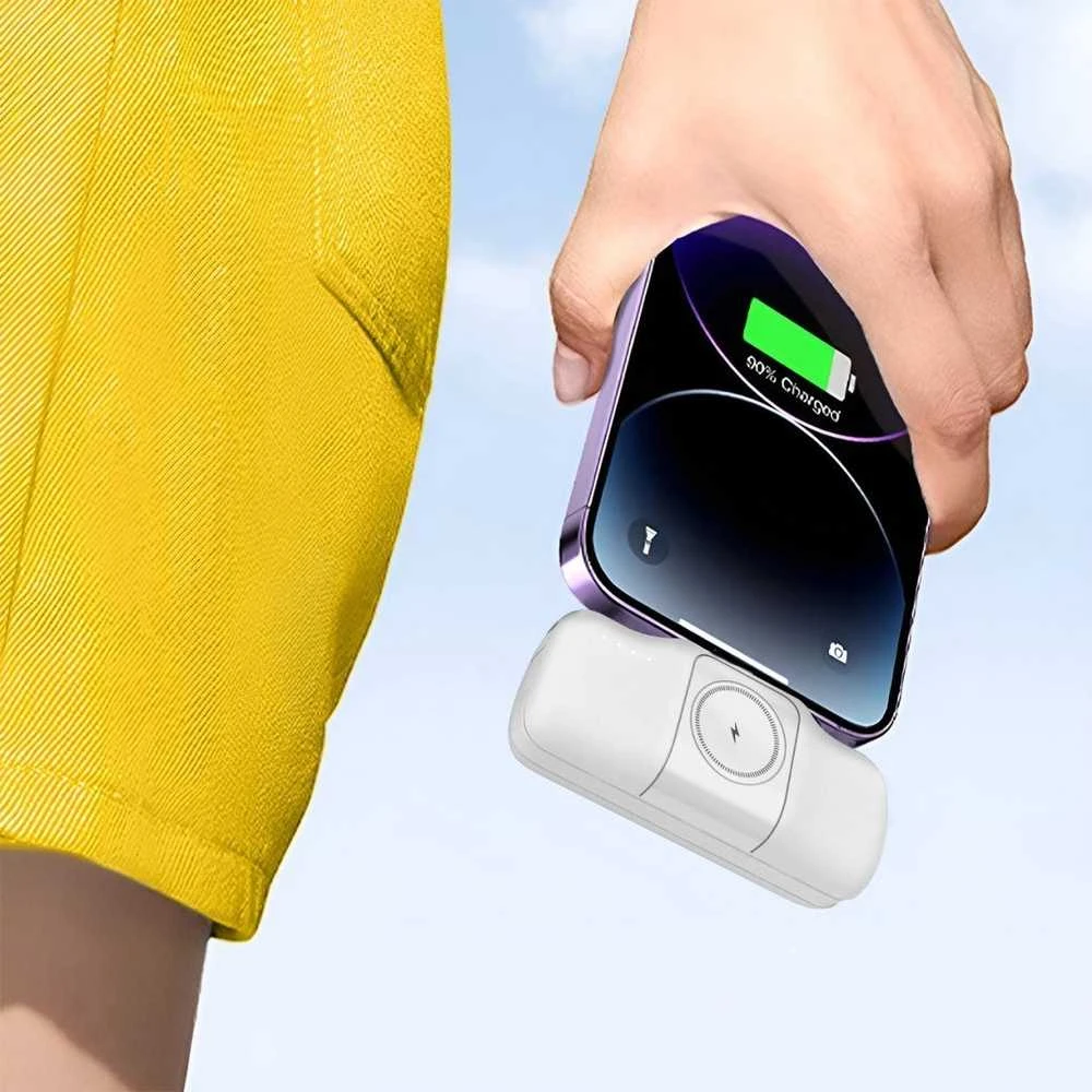 Wozinsky WF16-YCS 5000mAh 15W USB-C mini išorinė baterija su įmontuotu USB-C kabeliu ir „Apple Watch“ įkrovikliu – baltos spalvos