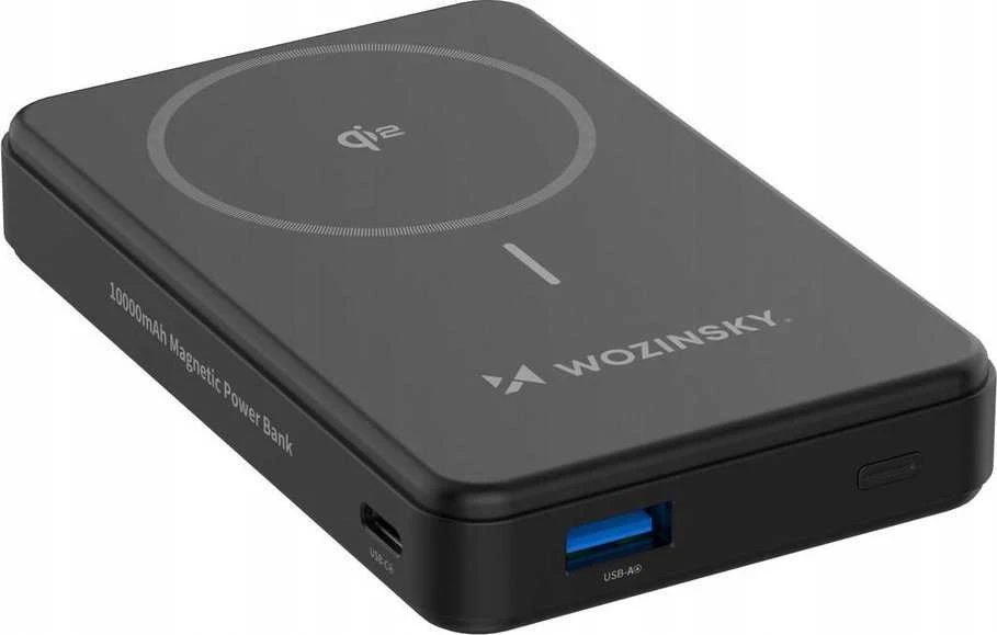 Powerbank Wozinsky WLWP-10KA0Y3S 22.5W PD Qi2 10000 mAh, su stoveliu, 1x USB-A, 1x USB-C – juodos spalvos