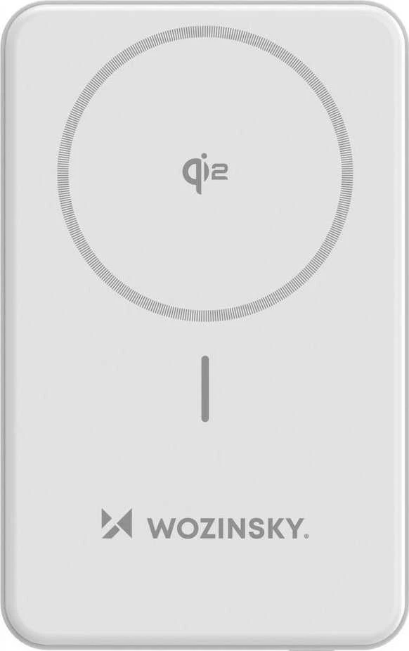 Powerbank Wozinsky WLWP-10KA0Y3WS 22.5W PD Qi2 10000 mAh, su stoveliu, 1x USB-A, 1x USB-C – baltos spalvos