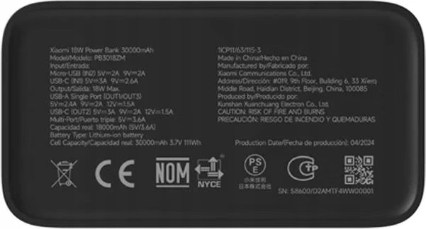 Xiaomi 18W Power Bank | 30000 mAh | USB-A/USB-C | Juodas
