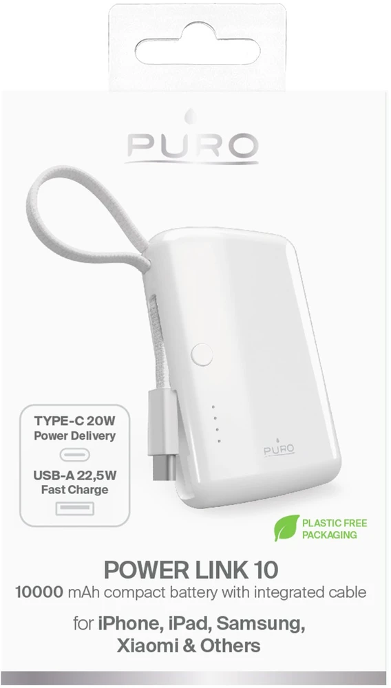 Xiaomi Maitinimo bankas Puro 10000mAh 20W, integruotas USB-C laidas, baltas