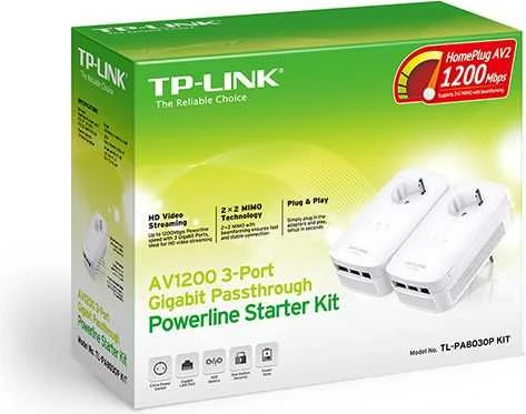 TP-Link AV1300 3 prievadų "Gigabit Passthrough Powerline" elektros tinklo adapterio pradinis rinkinys (TL-PA8030P KIT)