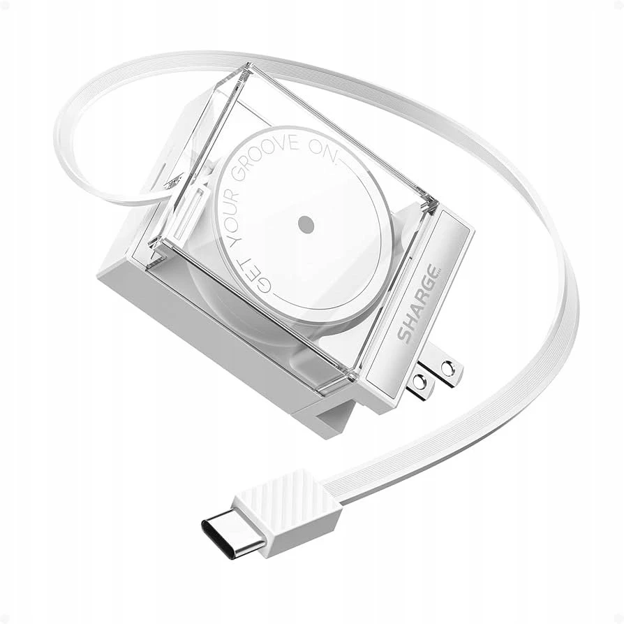 PowerNeed įkroviklis SHARGE Retractable 65 GaN Charger, 65W, 2x USB-C, integruotas USB-C kabelis – baltas (CDT-SG-65-EUR-CP-BAI)