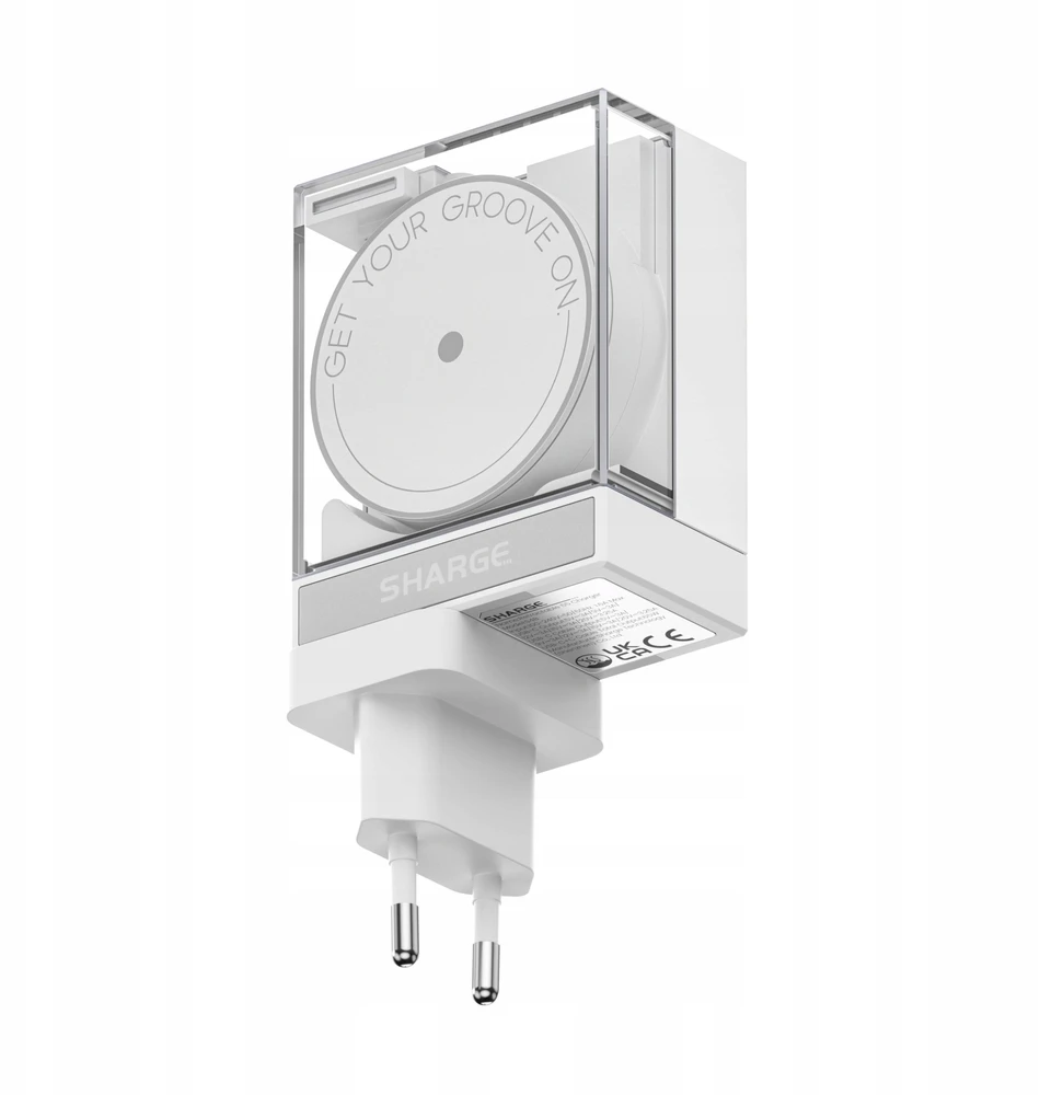 PowerNeed įkroviklis SHARGE Retractable 65 GaN Charger, 65W, 2x USB-C, integruotas USB-C kabelis – baltas (CDT-SG-65-EUR-CP-BAI)