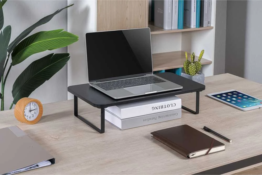 Laikiklis Powerton Monitoriaus pagrindas, lengvas montavimas, vieta klaviatūrai, juoda, metalinė / MDf plokštė, 20 kg keliamoji galia, Powerton, ergo
