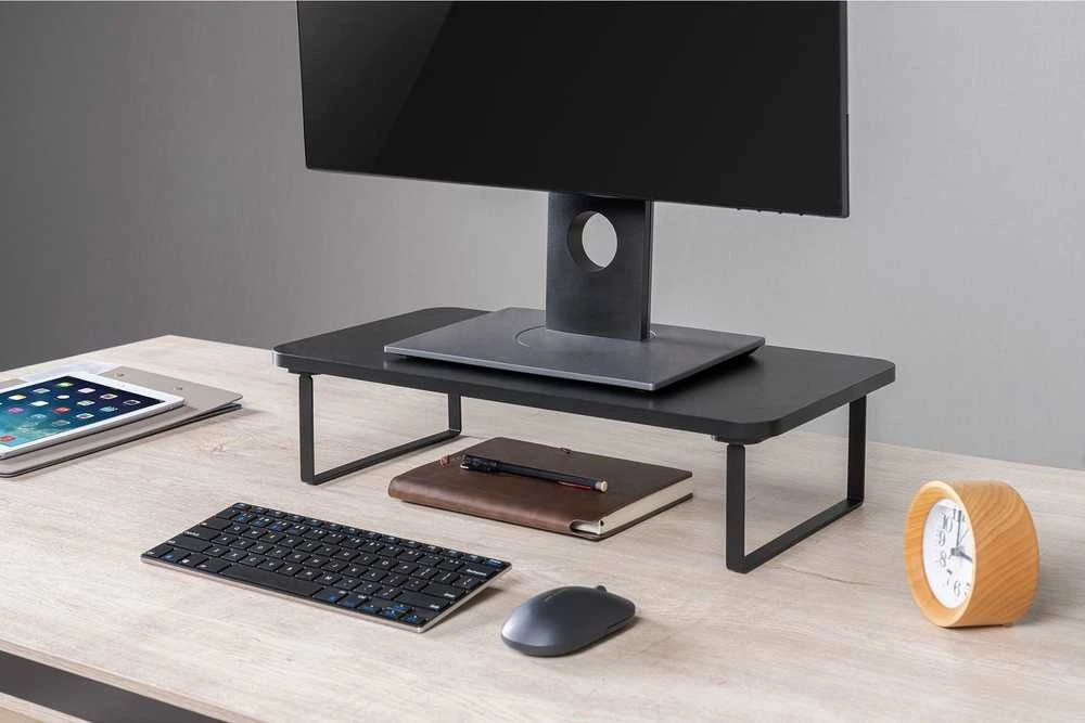 Laikiklis Powerton Monitoriaus pagrindas, lengvas montavimas, vieta klaviatūrai, juoda, metalinė / MDf plokštė, 20 kg keliamoji galia, Powerton, ergo