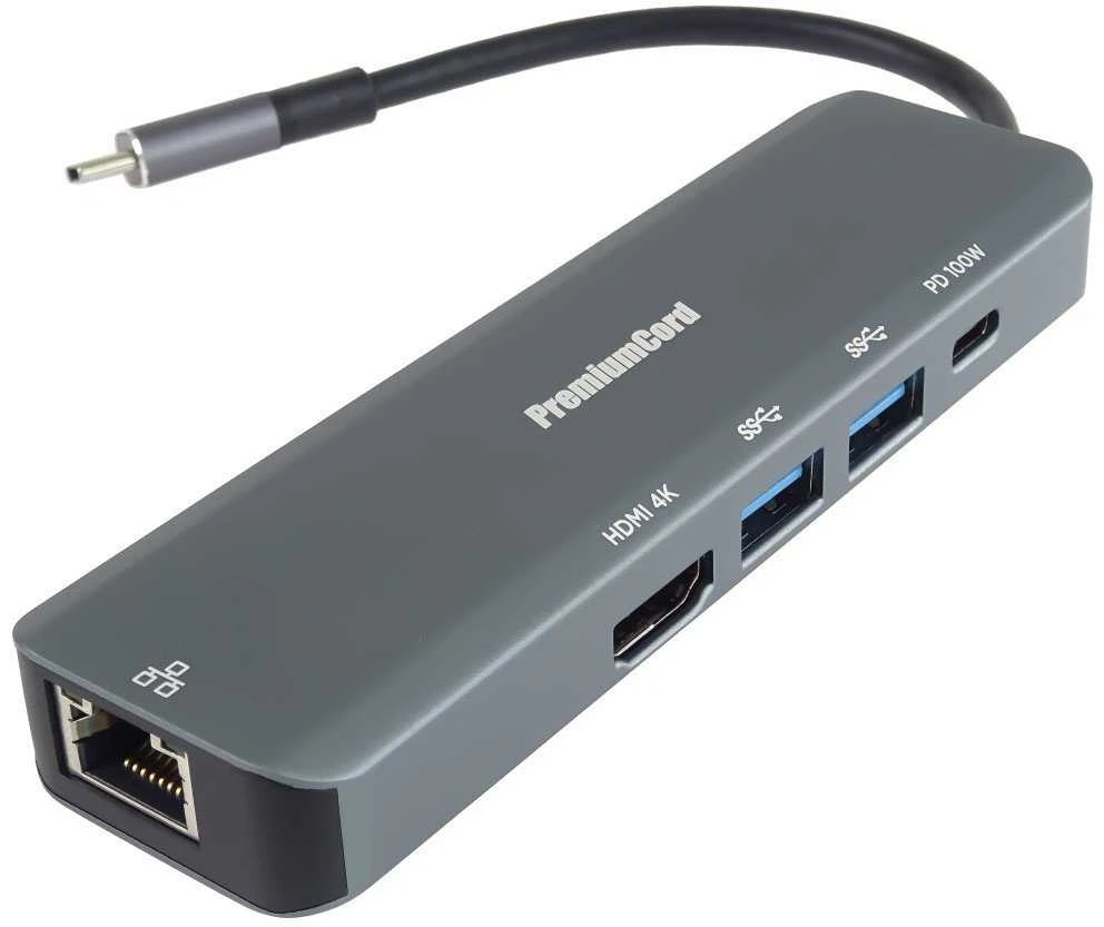 USB PremiumCord PREMIUMCORD šakotuvas, USB-C adapteris su gigabito 10/100/1000 Mbps + 1x HDMI, 2x USB3.2, 1x PD 100W jungtimi, Šedá