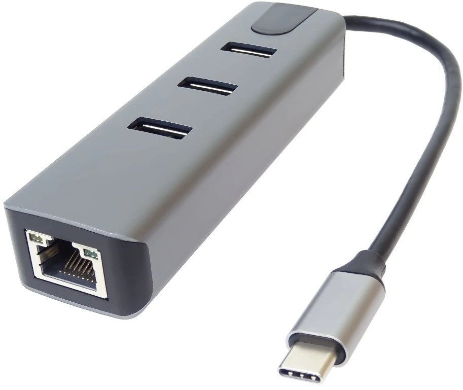 USB-C šakotuvas su tinklo jungtimi ir 3 USB prievadais