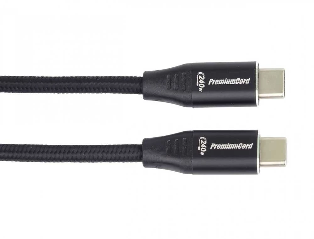 „PremiumCord“ USB kabelis PREMIUMCORD USB-C kabelis M/M, 240 W 480 Mbps juodas medvilninis pynimas, 1,5 m