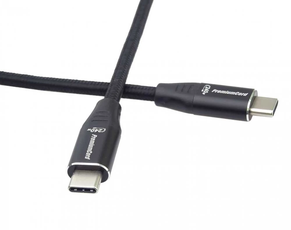 „PremiumCord“ USB kabelis PREMIUMCORD USB-C kabelis M/M, 240 W 480 Mbps juodas medvilninis pynimas, 1,5 m