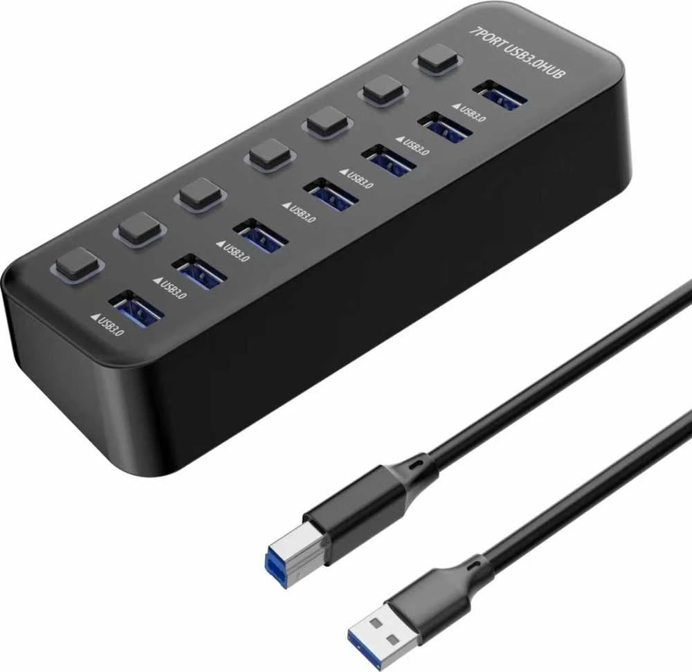 PREMIUMCORD Hub USB 3.2, 7 prievadų su prievadų jungikliais, 5G SuperSpeed, juoda