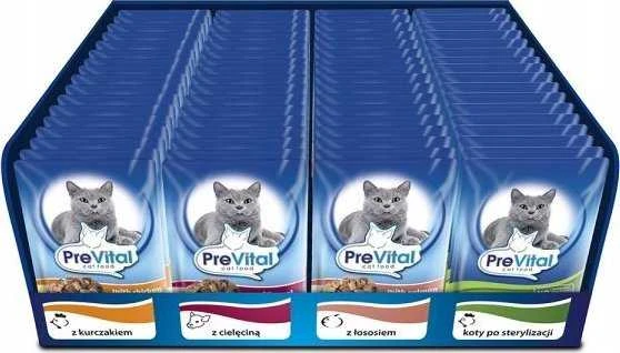 PREVITAL Cat Food Mix 4 skonių vištiena, veršiena, lašiša, paukštiena – šlapias kačių maistas – 96 x 100 g