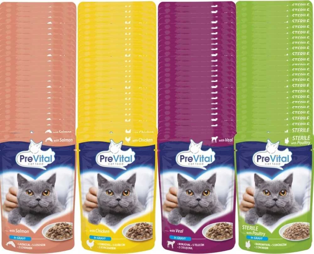 PREVITAL Cat Food Mix 4 skonių vištiena, veršiena, lašiša, paukštiena – šlapias kačių maistas – 96 x 100 g