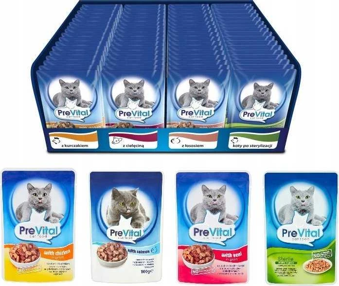PREVITAL Cat Food Mix 4 skonių vištiena, veršiena, lašiša, paukštiena – šlapias kačių maistas – 96 x 100 g