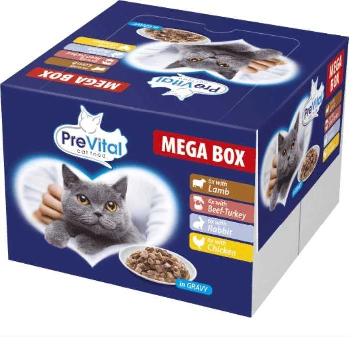 PREVITAL Cat Food Megabox su ėriena, jautiena, triušiena, and vištiena in Gravy - Wet Cat Food - 24 x 100g