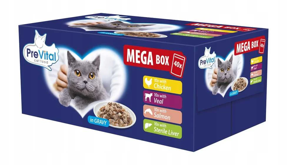 PREVITAL Mega Box Veal, lašiša, liver, vištiena - wet cat food - 40X100g